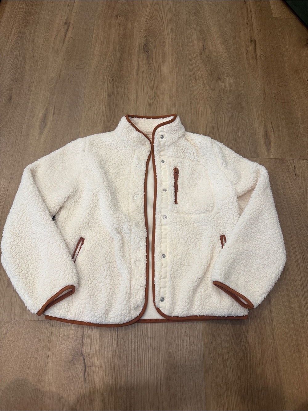 Universal Thread Cream Teddy Jacket with Brown Trim